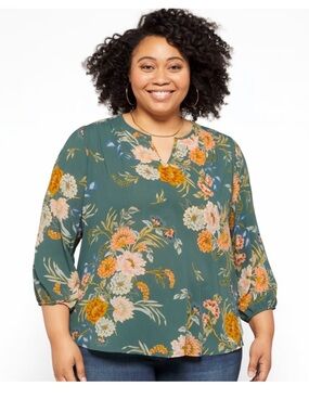 Floral Smocked Shoulder Blouse 1X Split Neck Boho Top Green Pink Orange